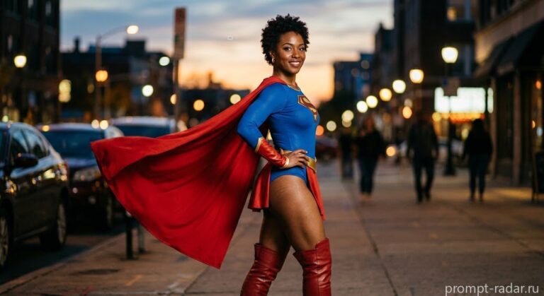 Промпт: Темнокожая супергероиня в костюме Supergirl, профиль на закате