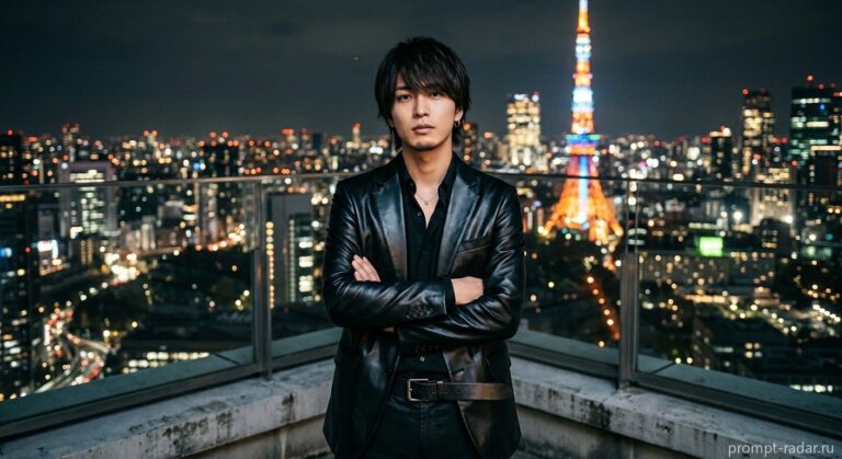 Промпт: Ночной портрет в кожаном костюме на крыше с Tokyo Tower