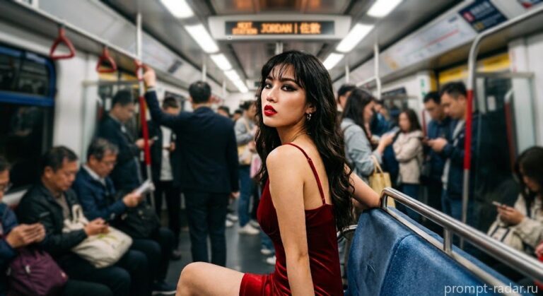 Промпт: Фотореалистичная женщина в красном платье в переполненном метро, смотрит через плечо