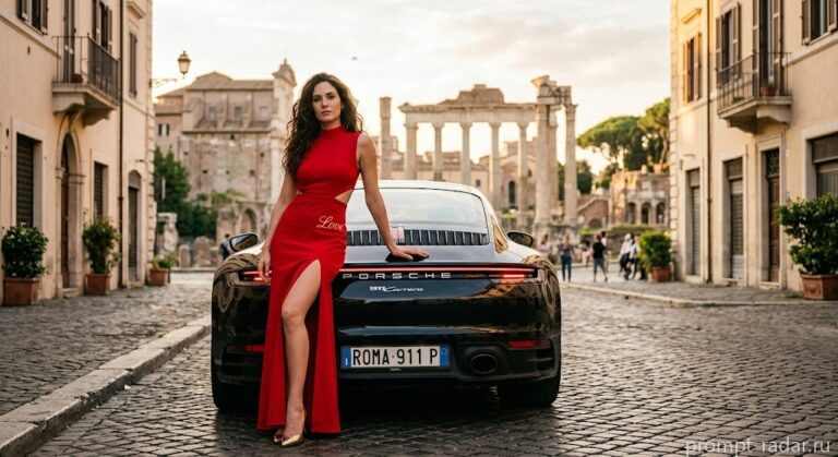 Промпт: Женщина в красном платье у черного Porsche на улице с руинами