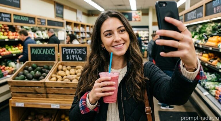 Промпт: Селфи девушки в продуктовом магазине с розовым смузи