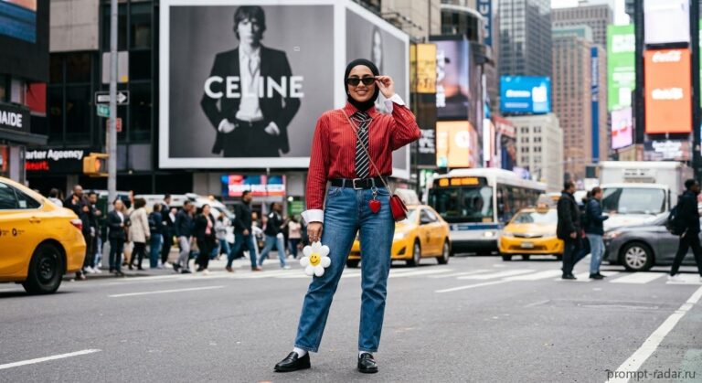 Промпт: Женщина в хиджабе с ромашкой на фоне билборда CELINE