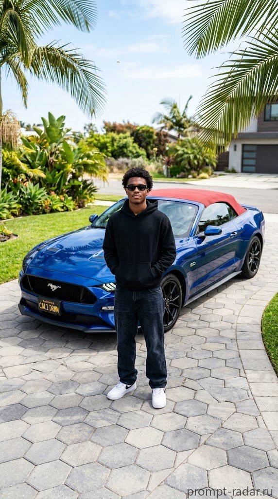 Промпт: мужчина у синего Ford Mustang кабриолет, вид сверху, фотореалистично