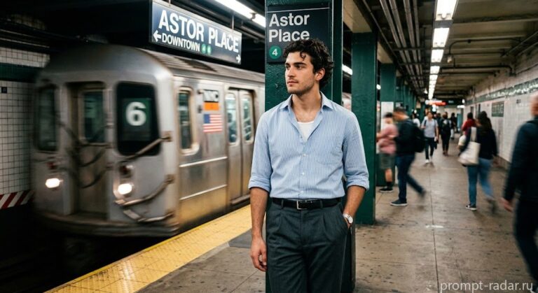 Промпт: Молодой мужчина на платформе Astor Place, кинематографичная уличная фэшн-фотография