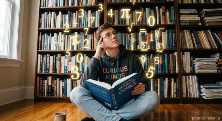 Промпт: задумчивый юноша с книгой перед книжным шкафом и светящимися цифрами