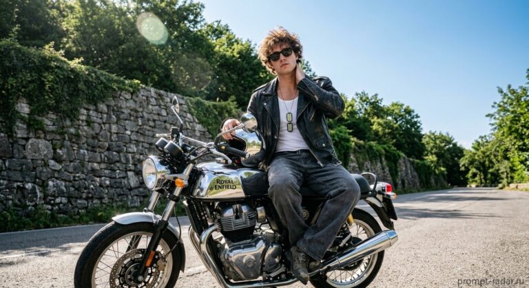 Промпт: молодой мужчина на хромированном мотоцикле ROYAL ENFIELD под ярким солнцем