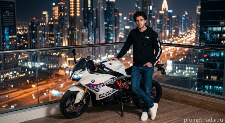 Промпт: Молодой мужчина у BMW G 310 RR на ночном балконе