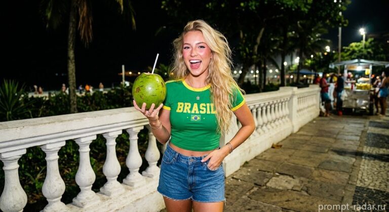 Промпт: Девушка в футболке BRASIL с кокосом ночью, вспышка