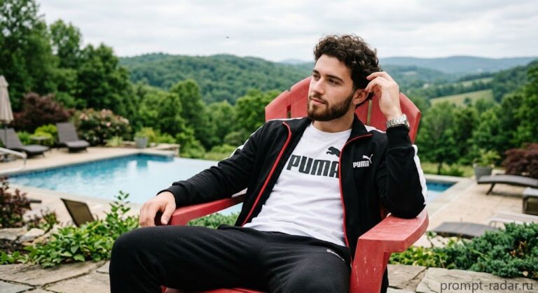 Промпт: Молодой мужчина в черном спортивном костюме с логотипом Puma у бассейна
