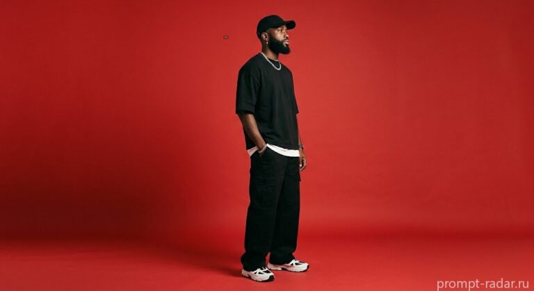 Промпт: Студийный фешн-портрет темнокожего мужчины с бородой в профиль