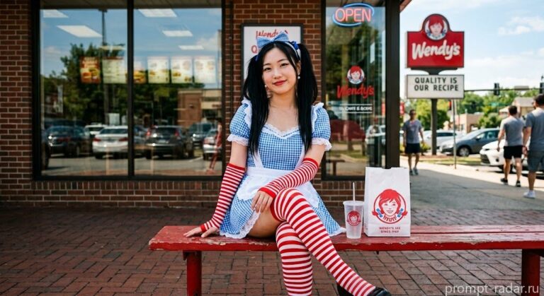 Промпт: Кадровый портрет молодой азиатки в голубой клетчатой фартуке у Wendy’s