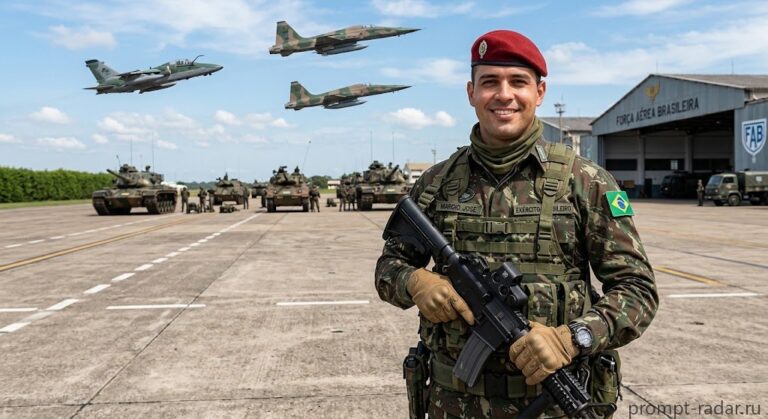 Промпт: Фотореалистичный портрет бразильского солдата в красном берете на аэродроме