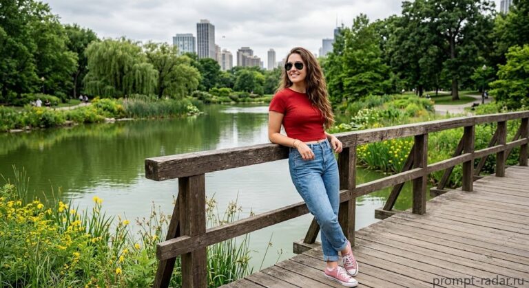 Промпт: молодая женщина в красном кроп-топе и джинсах на мостике