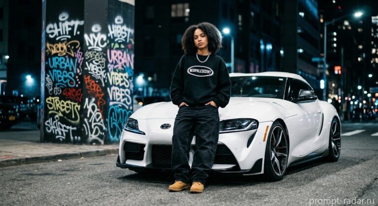 Промпт: молодая женщина у белого Toyota Supra ночью, граффити-стена