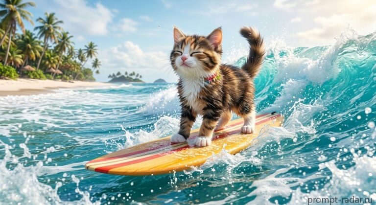 Промпт: 3D-рендер котенка на желтом серфе в тропиках