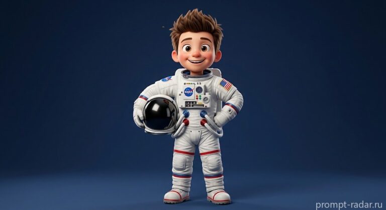 Промпт: Мультяшный мальчик-астронавт в скафандре NASA в стиле Pixar (Пиксар)