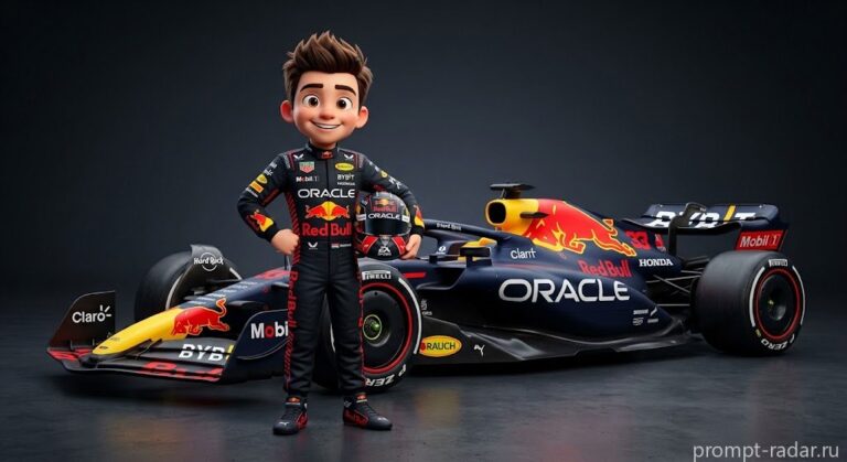 Промпт: Мультяшный 3D мальчик-гонщик у болида Red Bull, стиль Pixar (Пиксар)