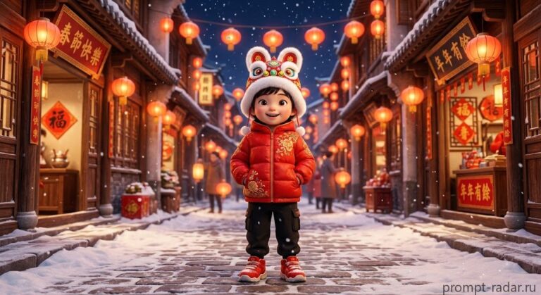 Промпт: 3D-рендер ребенка в львиной шапке на заснеженной улице с фонарями