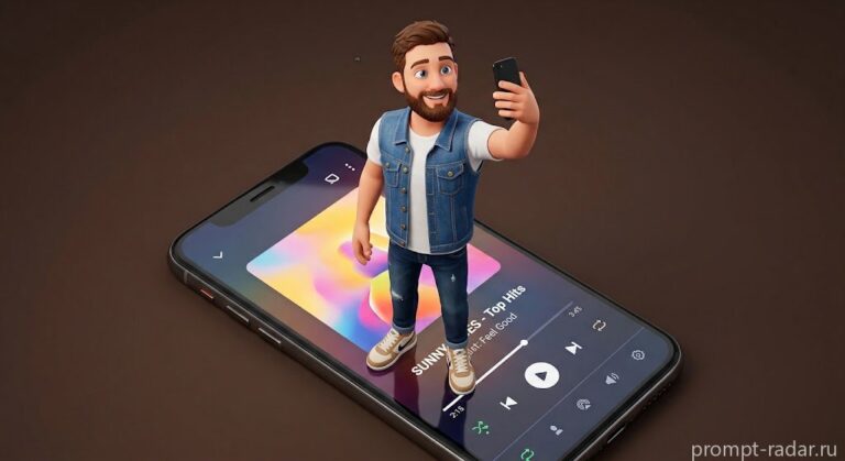 Промпт: 3D мультяшный парень делает селфи на гигантском смартфоне