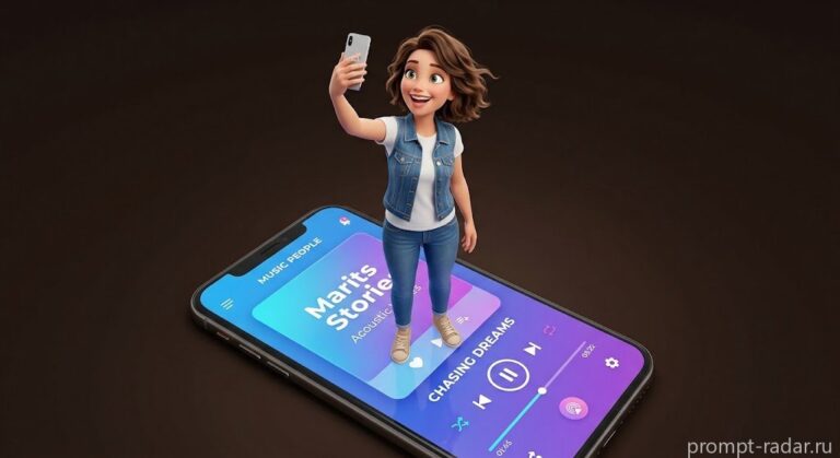 Промпт: веселая девушка делает селфи на гигантском смартфоне с плеером, 3D рендер