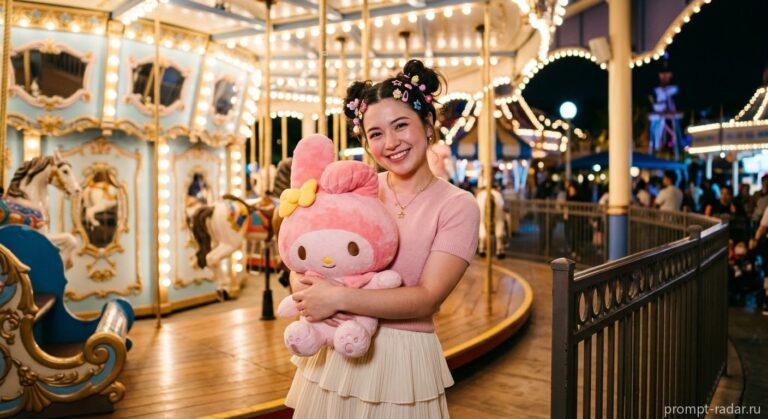 Промпт: Молодая женщина в пучках с плюшевой My Melody на ночной карусели