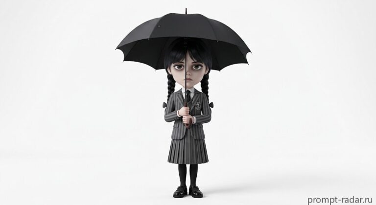 Промпт: чиби-девочка в образе Wednesday Addams (Уэнсдей Аддамс) с черным зонтом