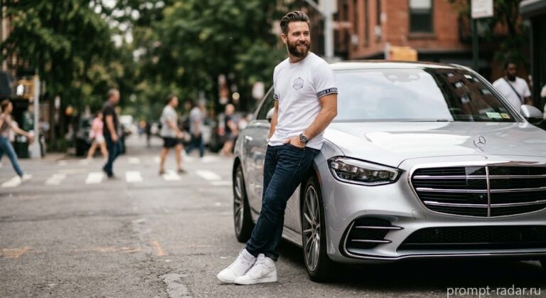 Промпт: Бородатый мужчина у серебристого Mercedes-Benz, низкий ракурс, кинематографическое боке
