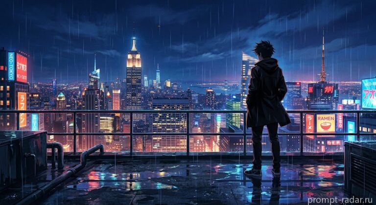 Промпт: Одинокий юноша на мокрой крыше, аниме Makoto Shinkai (Макото Синкай)