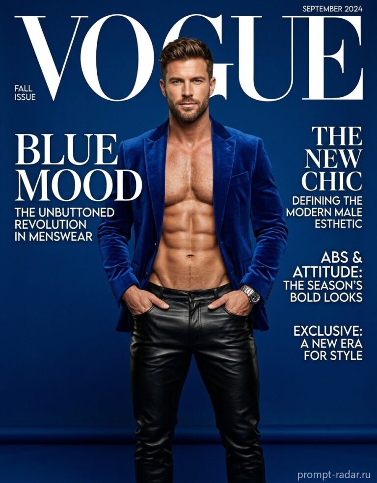 Промпт: обложка Vogue — мужчина в открытом синем пиджаке и кожаных брюках