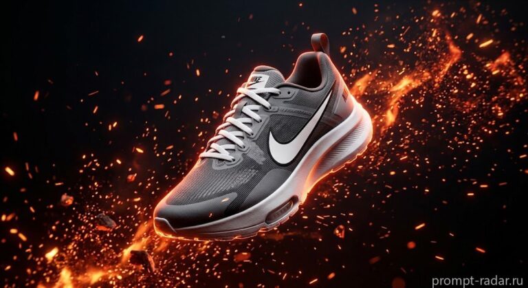 Промпт: 3D рендер кроссовка Nike в огненных искрах