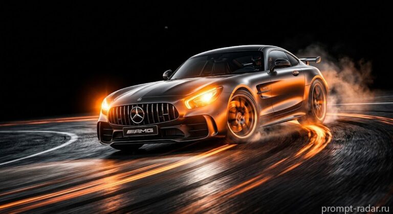 Промпт: Гиперреалистичный оранжевый Mercedes-Benz AMG GT в динамичном дрейфе на черном фоне
