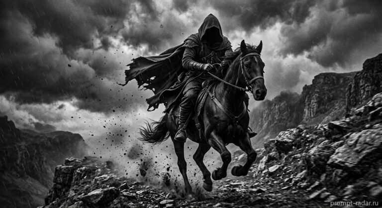 Промпт: Черно-белый кинематический всадник на галопирующем коне под штормом