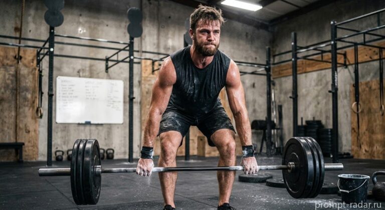 Промпт: CrossFit атлет в становой тяге, сырая документальная съемка
