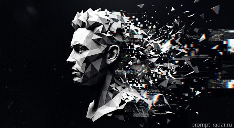 Промпт: Монохромный low-poly бюст в профиль с цифровым глитчем