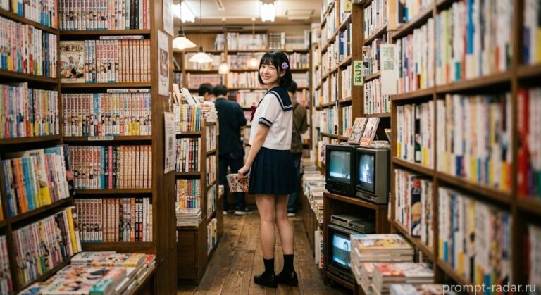 Промпт: школьница в черном каре в книжном проходе, взгляд через плечо, аниме