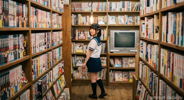 Промпт: школьница в форме среди манги в книжном проходе, теплая лампа