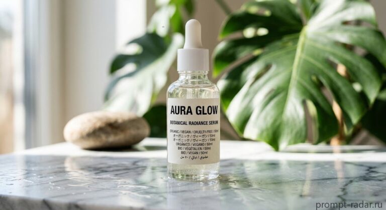Промпт: Минималистичная съемка флакона с пипеткой AURA GLOW на мокром мраморе