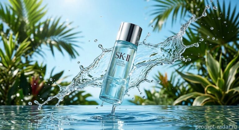 Промпт: Стеклянная бутылка SK-II в водяном всплеске на тропическом фоне