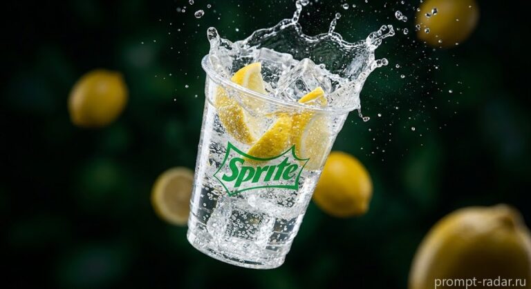 Промпт: Прозрачный стакан с газировкой, льдом и лимоном, с логотипом Sprite, в брызгах