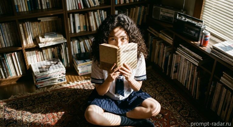 Промпт: Кудрявая девушка в матроске с книгой, полосы света, пленочный стиль