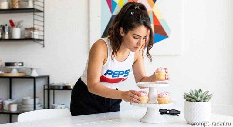 Промпт: девушка в майке Pepsi расставляет капкейки на белом столе