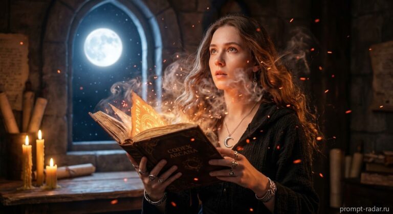 Промпт: Молодая женщина с магической светящейся книгой при луне