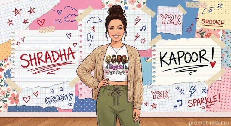 Промпт: Молодая женщина в Bratz футболке и кардигане, скрапбуковый фон