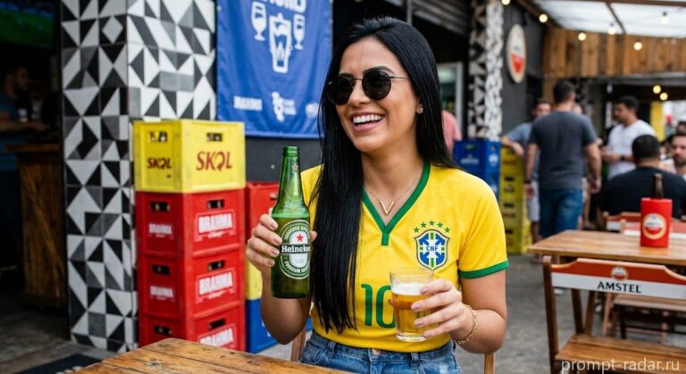 Промпт: Рекламная съемка девушки в футболке сборной Бразилии с Heineken