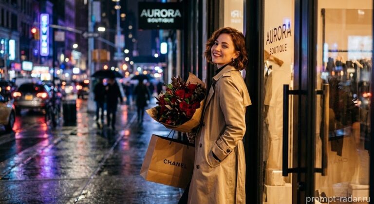 Промпт: Женщина с букетом красных роз и пакетом CHANEL у витрины ночью