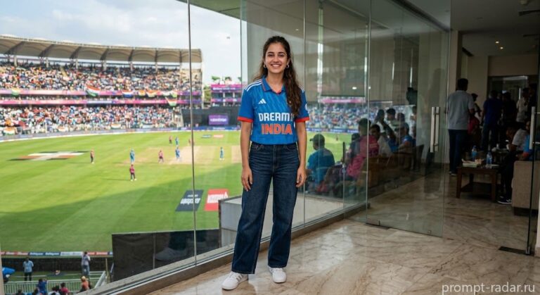 Промпт: Молодая женщина в боксе стадиона в синей футболке Adidas ‘DREAM INDIA’
