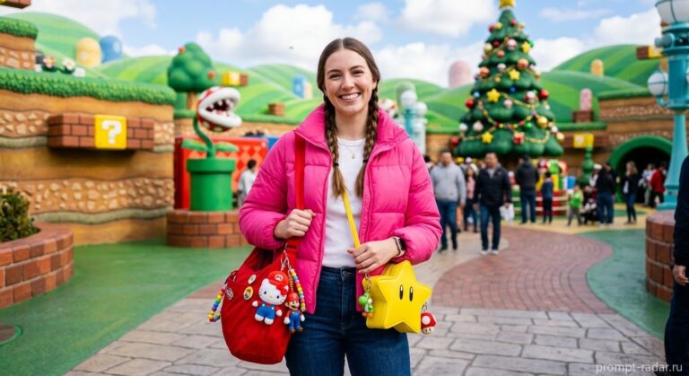 Промпт: Молодая девушка в розовом пуховике на фоне Super Mario-парка