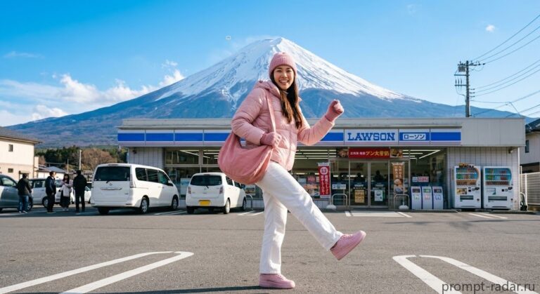 Промпт: улыбающаяся девушка в розовом у Lawson на фоне Фудзи