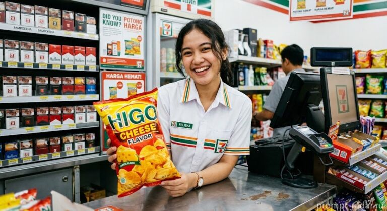 Промпт: улыбающаяся продавщица на кассе в 7-Eleven держит большую упаковку чипсов