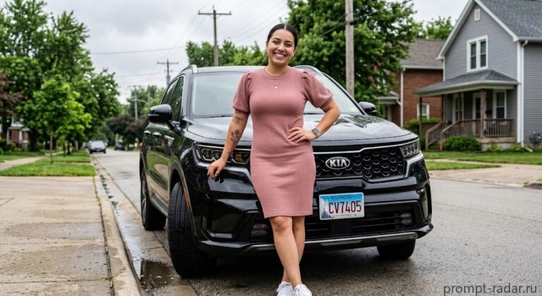 Промпт: Улыбчивая девушка у черного Kia на улице, ракурс снизу